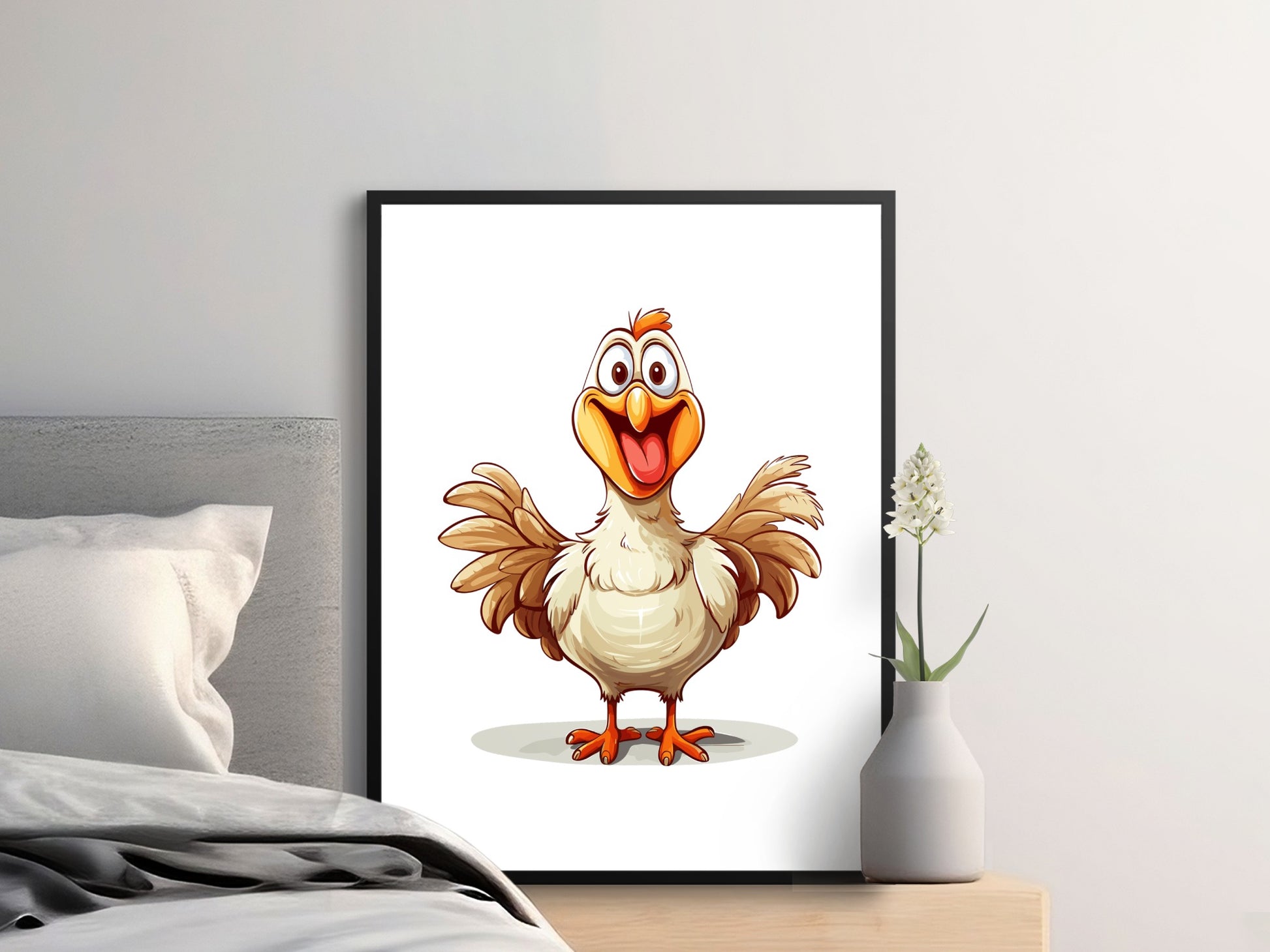 Cartoon Chicken Art Print, Colorful Nursery Wall Decor, Kids Room Farm Animal Poster