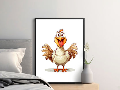 Cartoon Chicken Art Print, Colorful Nursery Wall Decor, Kids Room Farm Animal Poster