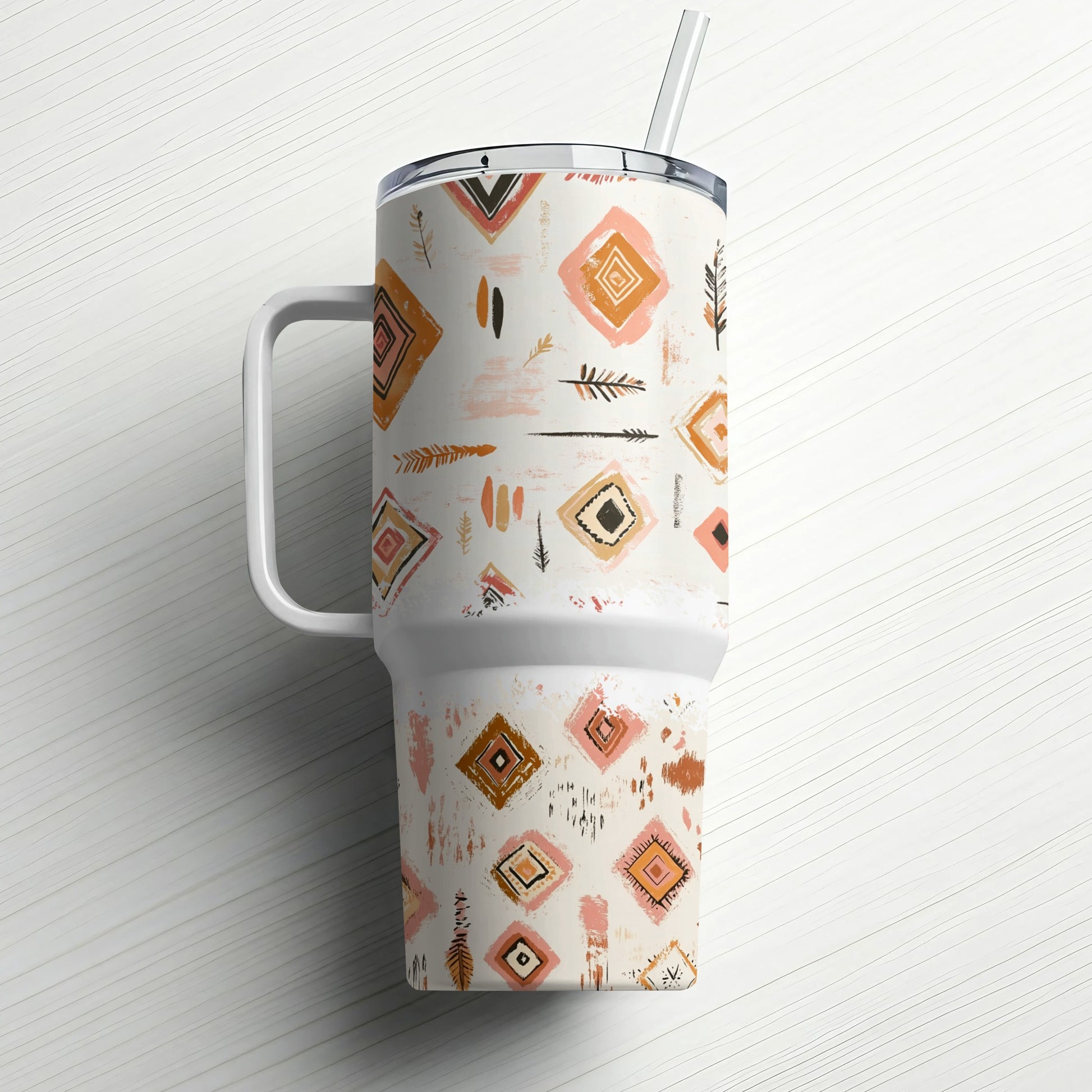 Boho Chic Insulated Tumbler, Stainless Steel Travel Mug, Tribal Print, Custom Drinkware, Eco-Friendly Reusable Cup with Straw
