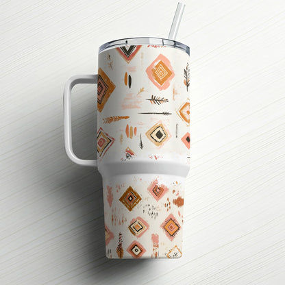 Boho Chic Insulated Tumbler, Stainless Steel Travel Mug, Tribal Print, Custom Drinkware, Eco-Friendly Reusable Cup with Straw