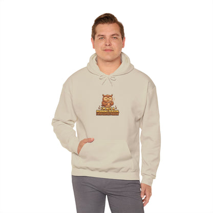 Cream hoodie with cartoon owl and text: "I'm not a morning person. I'm a coffee person."