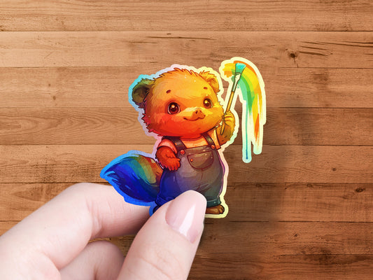 Adorable Rainbow Brush Holding Cartoon Sticker product