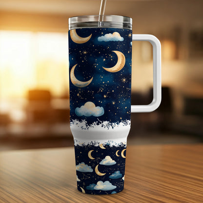 Celestial Travel Mug, Moon and Stars, Insulated Coffee Tumbler, Galaxy Print, 20 oz, Unique Astronomical Gift