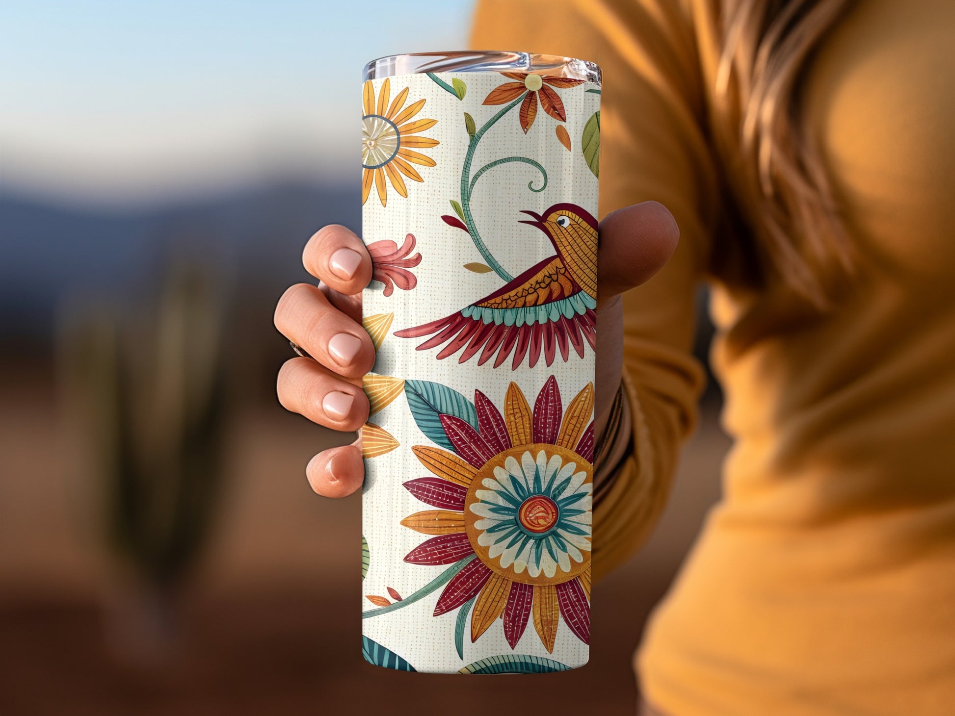 Vibrant Floral and Bird Print Design Travel Mug product