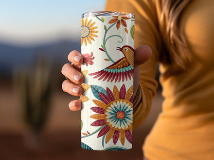 Vibrant Floral and Bird Print Design Travel Mug product