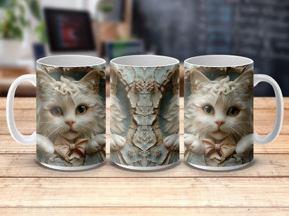 White Cat Mug with Floral Design, Cute Kitten Coffee Cup, Cat Lover Gift, Ceramic Tea Mug