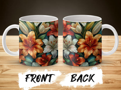 Floral Pattern Coffee Mug, Colorful Lily Design, Ceramic Tea Cup, Front and Back Print, Gift Idea
