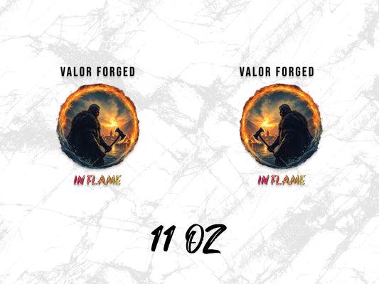 Valor Forged In Flame Viking Mug, Norse Warrior Coffee Cup, 11 oz Unique Gift Idea, Mythic Viking Ship Artwork Mug