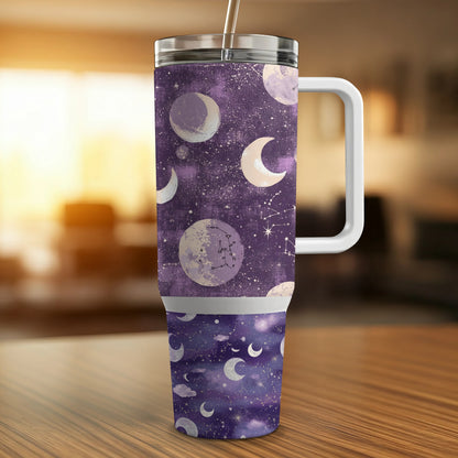 Galaxy Print Travel Mug, Insulated Coffee Cup, Purple Space Theme, Moon and Stars, Stainless Steel Tumbler with Handle