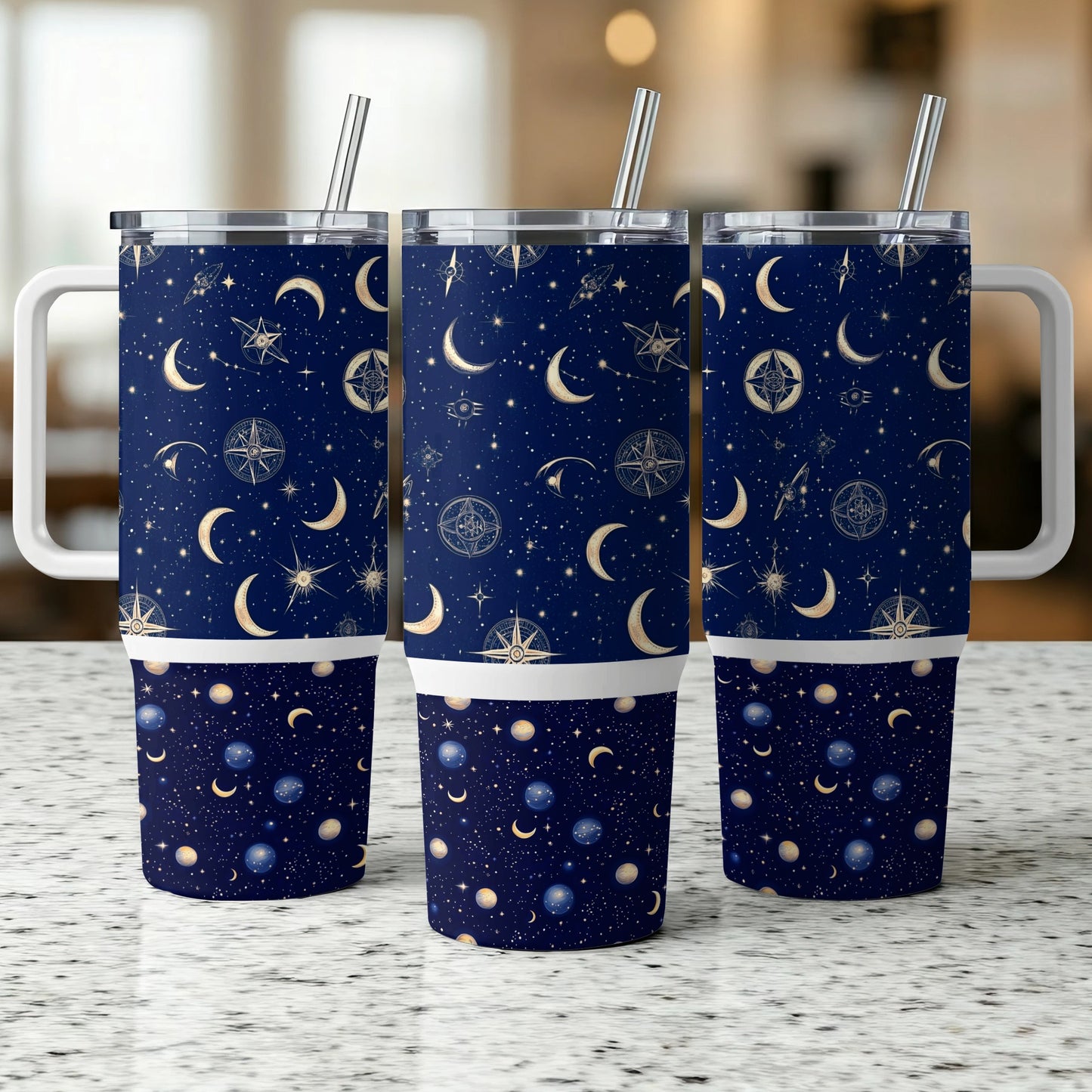 Celestial Tumbler Cups, Navy Blue Gold Astrology Design, Insulated Travel Mug, Stainless Steel, with Straws Set of 3