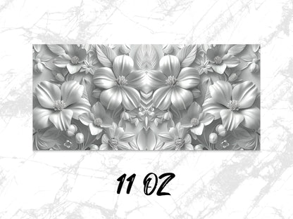 Floral 3D Print Coffee Mug, Elegant White Flowers on Grey, Ceramic 11oz, Unique Gift Idea for Home and Office