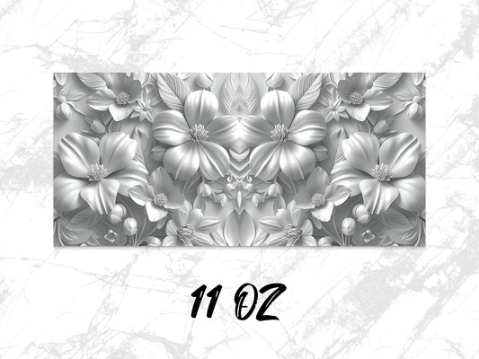 Floral 3D Print Coffee Mug, Elegant White Flowers on Grey, Ceramic 11oz, Unique Gift Idea for Home and Office