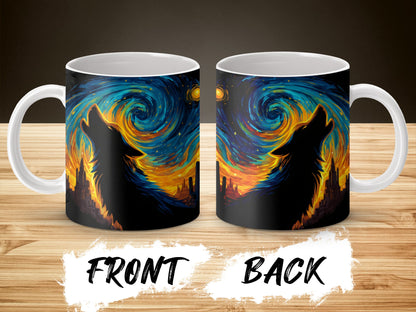 Starry Night Wolf Silhouette Coffee Mug, Artistic Van Gogh Inspired Cup, Unique Gift Idea, 11 oz Ceramic Mug, Double-Sided Design