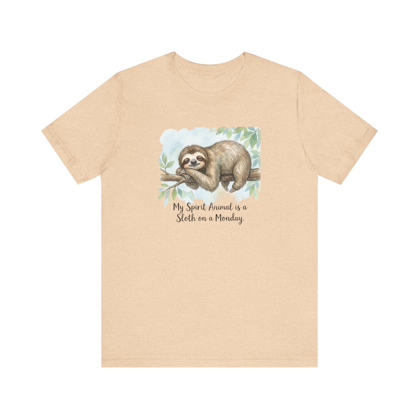 Watercolor sloth hanging on a branch with text "My Spirit Animal is a Sloth on a Monday".