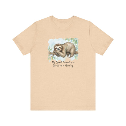Watercolor sloth hanging on a branch with text "My Spirit Animal is a Sloth on a Monday".
