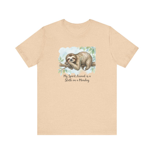 Watercolor sloth hanging on a branch with text "My Spirit Animal is a Sloth on a Monday".