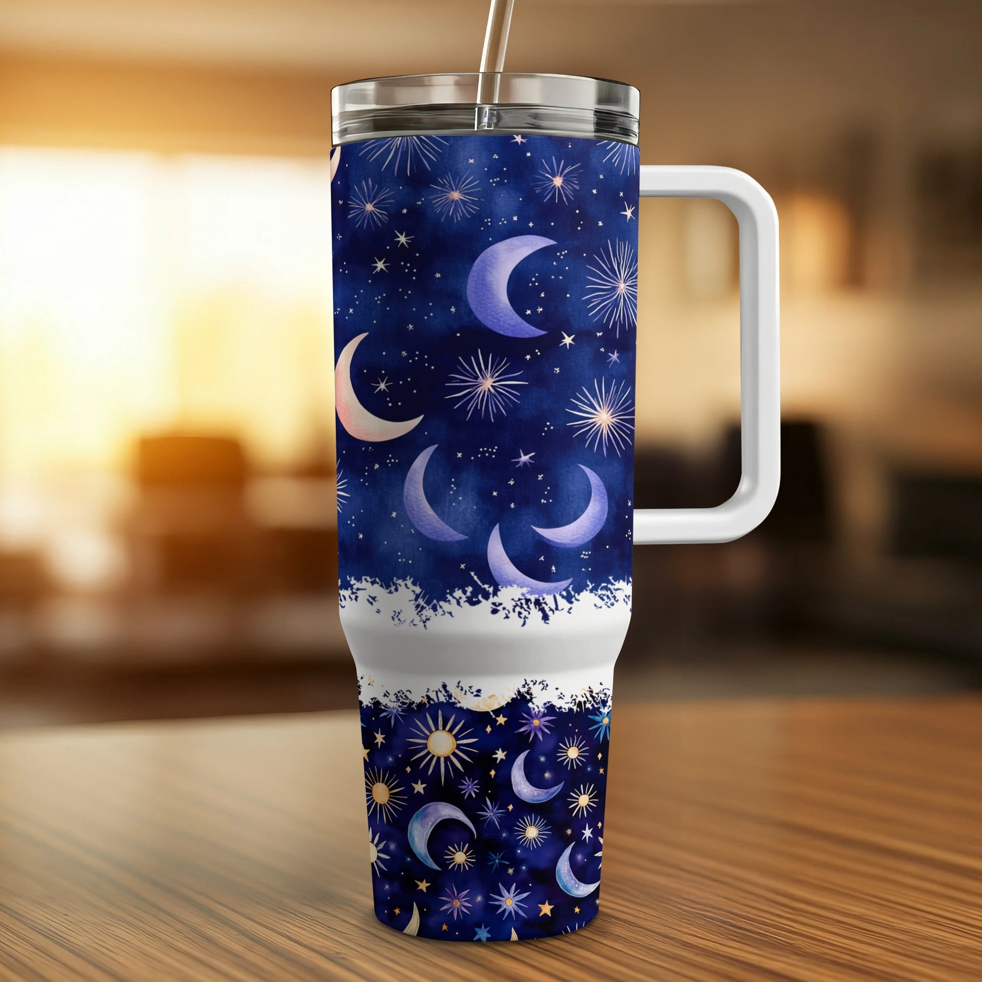 Celestial Moon and Stars Travel Mug, Insulated Coffee Tumbler, Blue Space Theme Drinkware, Unique Gift Idea
