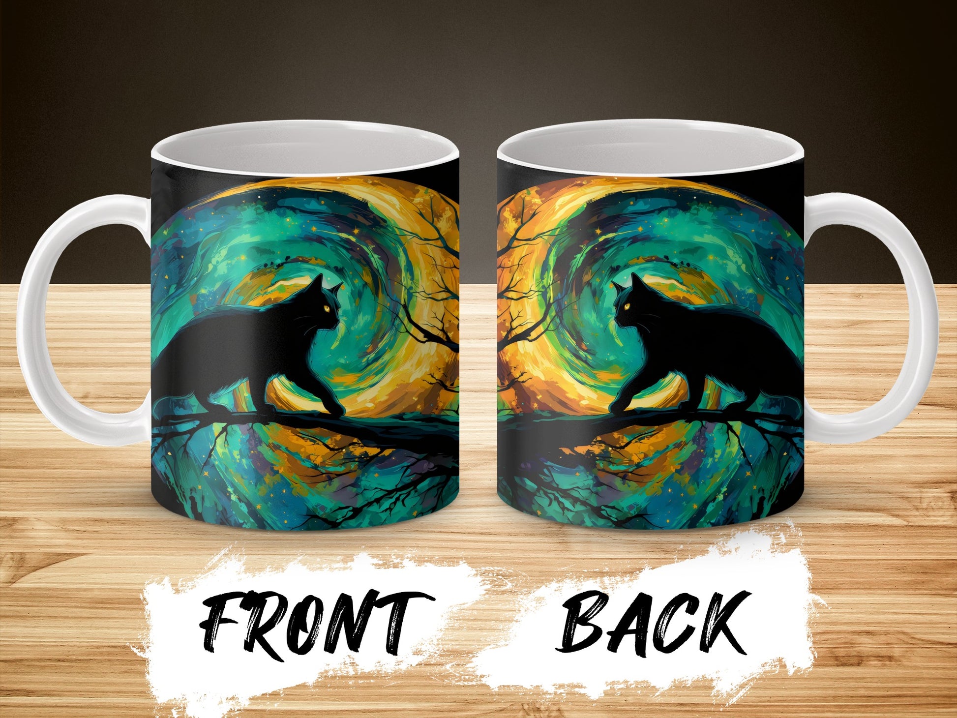Cat Silhouette Moonlit Tree Artistic Design Coffee Mug, Unique Cat Lover Gift, Colorful Drinkware