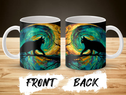 Cat Silhouette Moonlit Tree Artistic Design Coffee Mug, Unique Cat Lover Gift, Colorful Drinkware