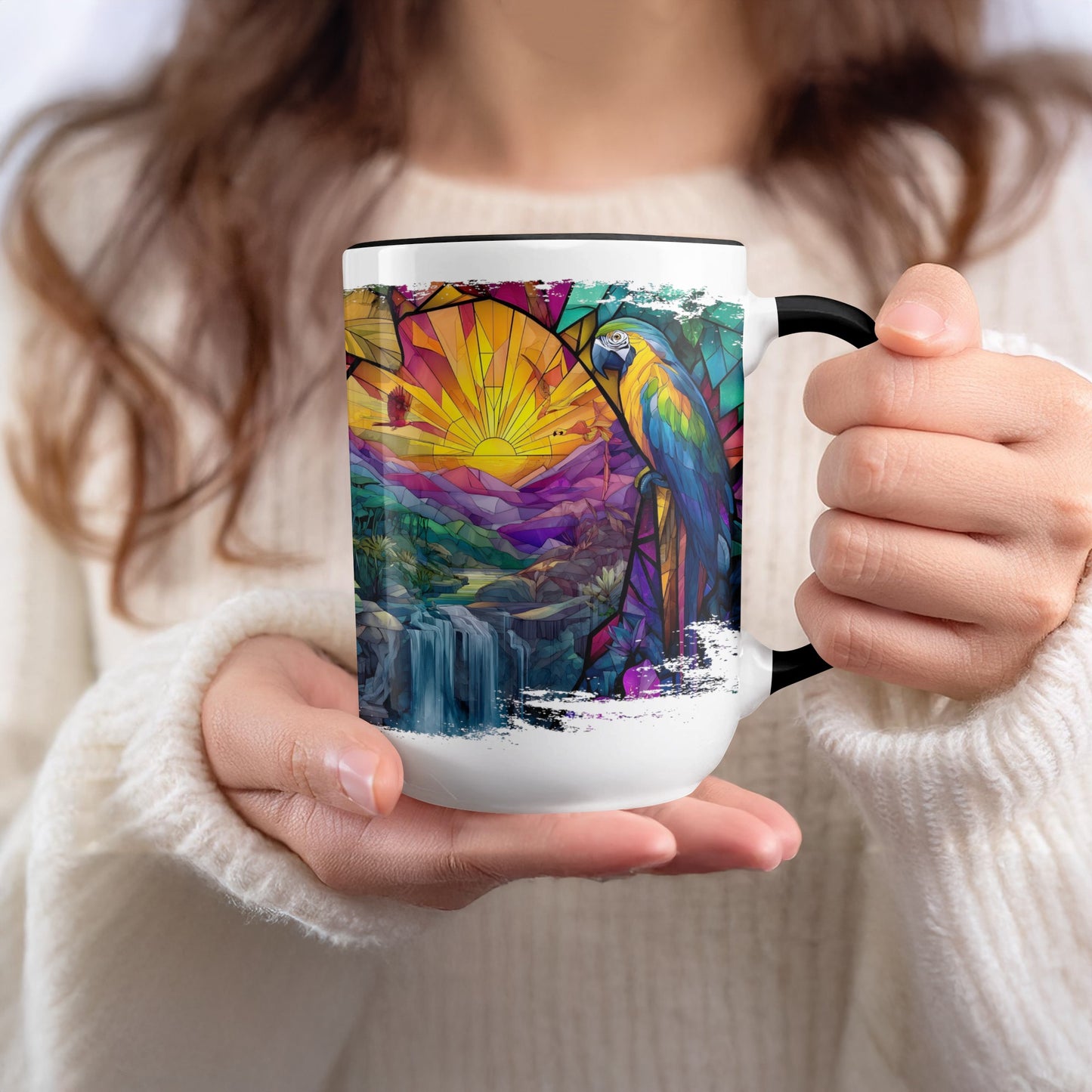 Vibrant Stained Glass Parrot and Landscape Mug product