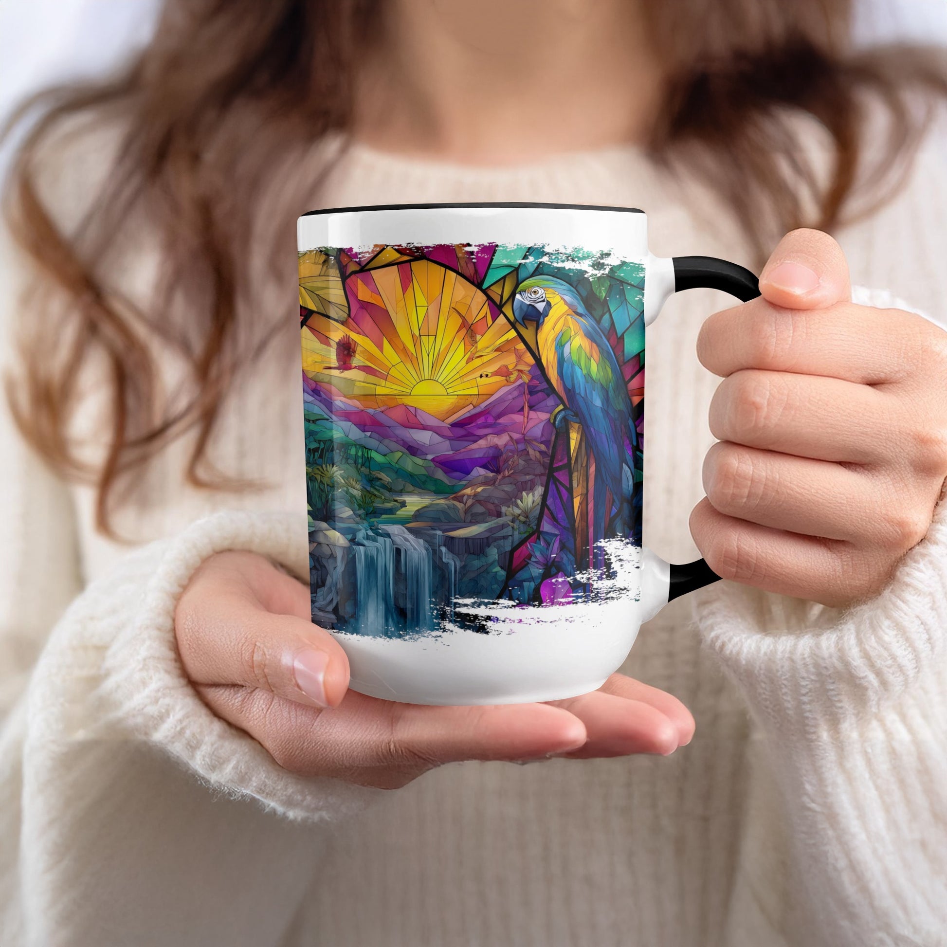 Vibrant Stained Glass Parrot and Landscape Mug product