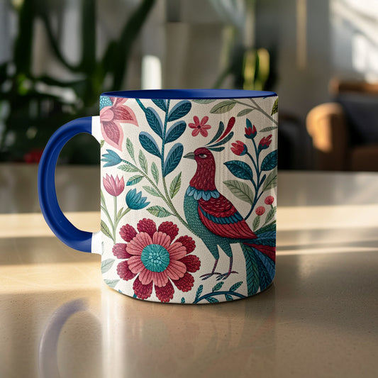Colorful Floral Bird Design with Blue Handle Mug product type