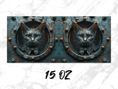 Steampunk Cat Wall Art, Twin Cats in Metal Door Print, Gothic Home Decor, Unique Fantasy Artwork, 15 oz Canvas Print