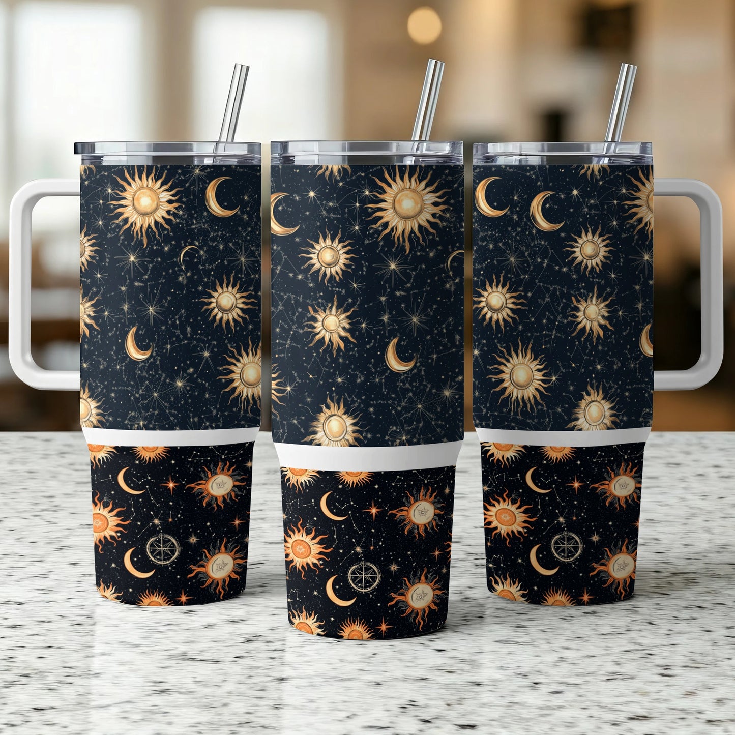Celestial Tumbler Cups, Sun and Moon Pattern, Reusable Travel Mug with Straw, Starry Night Design, Insulated Drinkware Set