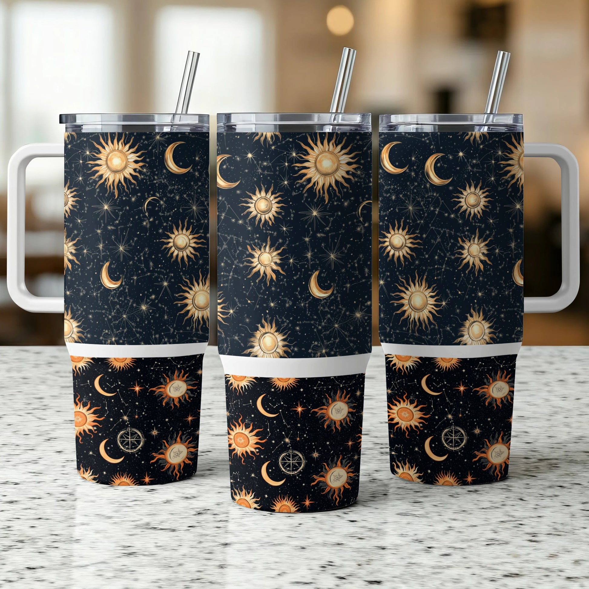 Celestial Tumbler Cups, Sun and Moon Pattern, Reusable Travel Mug with Straw, Starry Night Design, Insulated Drinkware Set