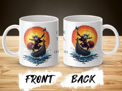 Viking Warrior Boat Sunset Graphic Mug, Norse Mythology Ceramic Coffee Cup, Unique Gift Idea for History Buffs