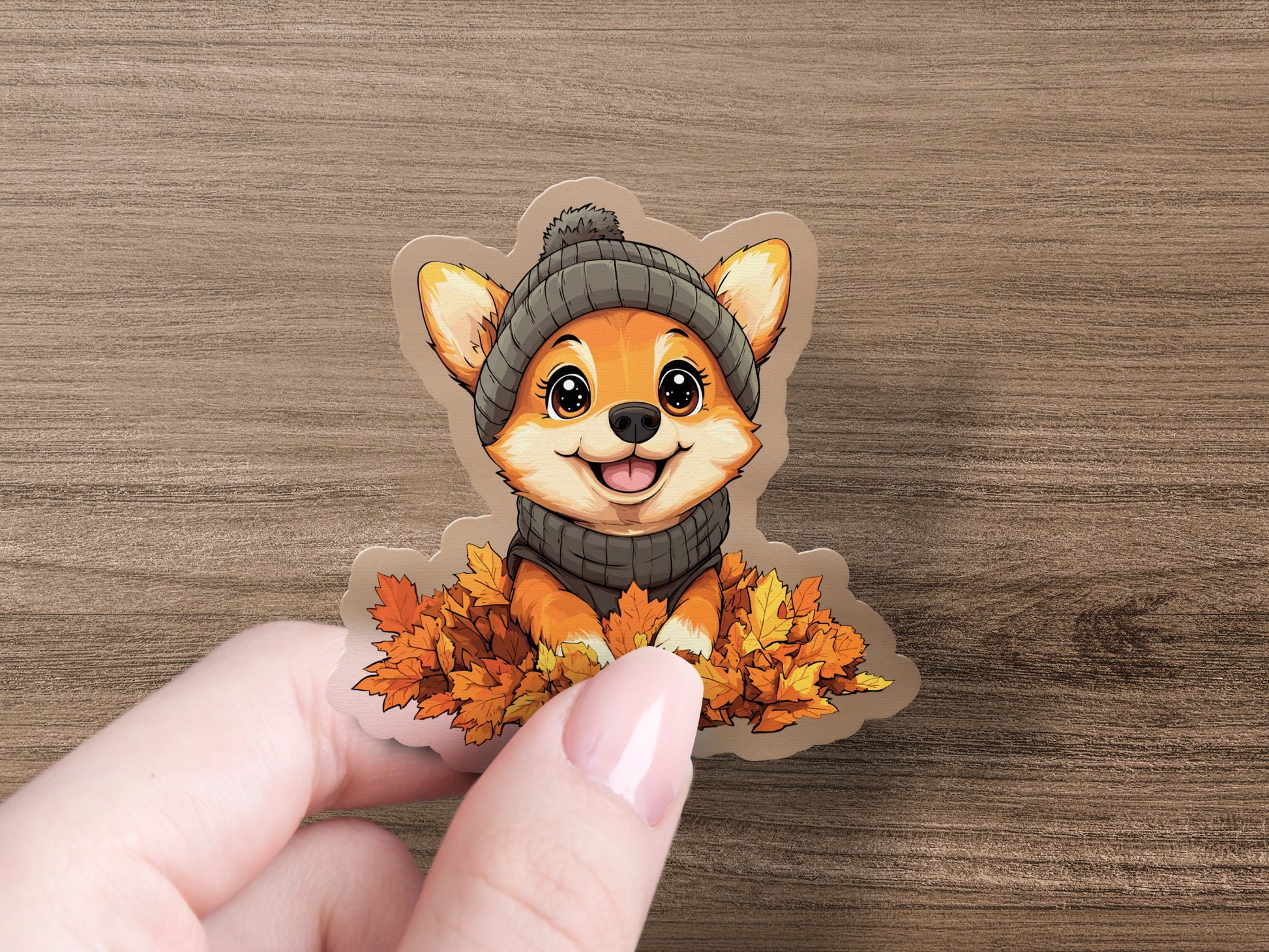 Cute Fox in Sweater with Leaves Sticker product type