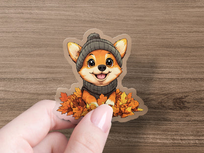 Cute Fox in Sweater with Leaves Sticker product type