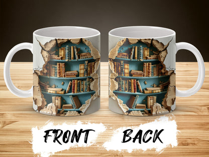 Bookshelf Library Design Coffee Mug, Vintage Books Lover Gift, Unique Reading Themed Cup