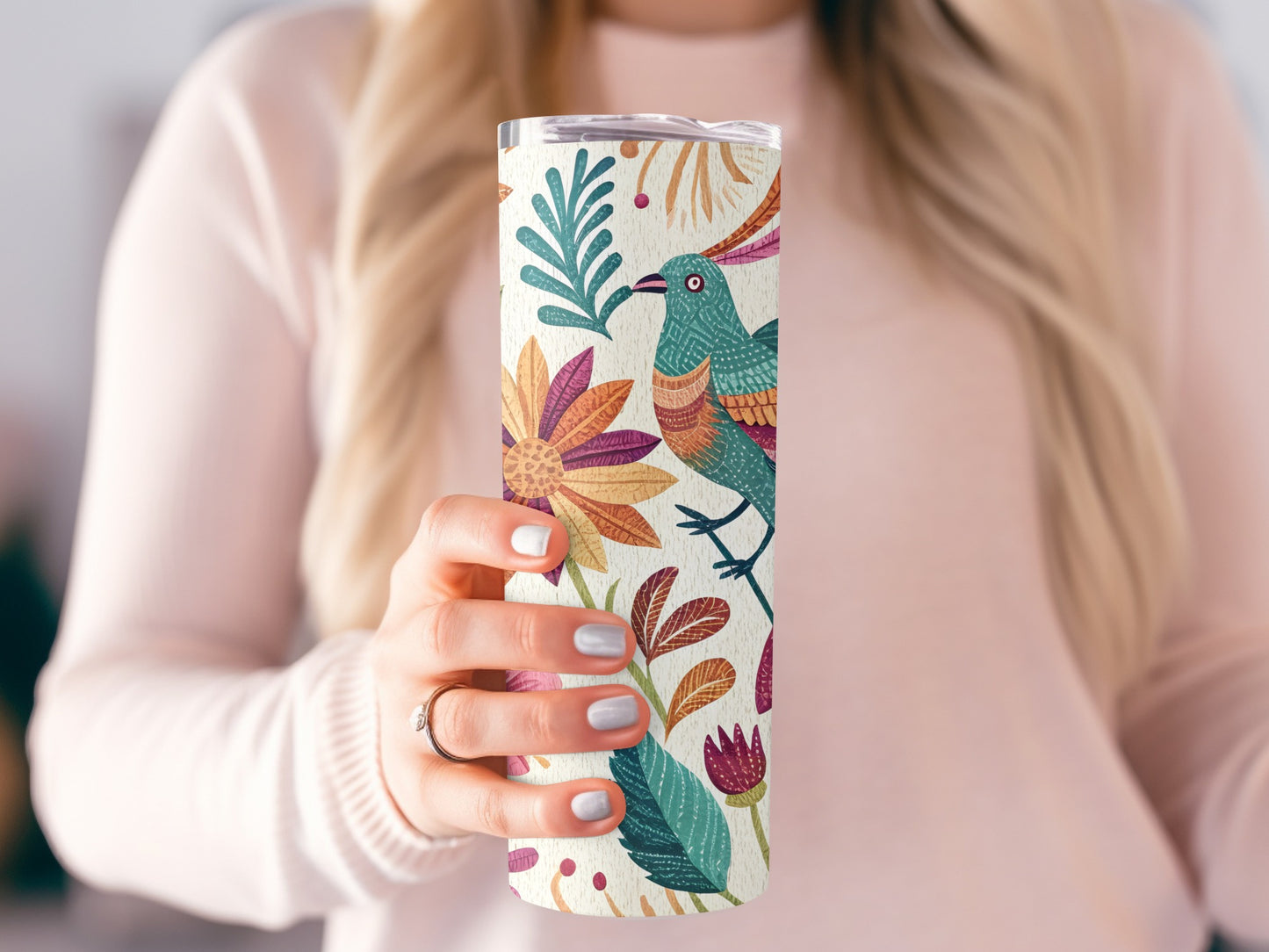 Colorful Bird and Floral Design Tumbler product type