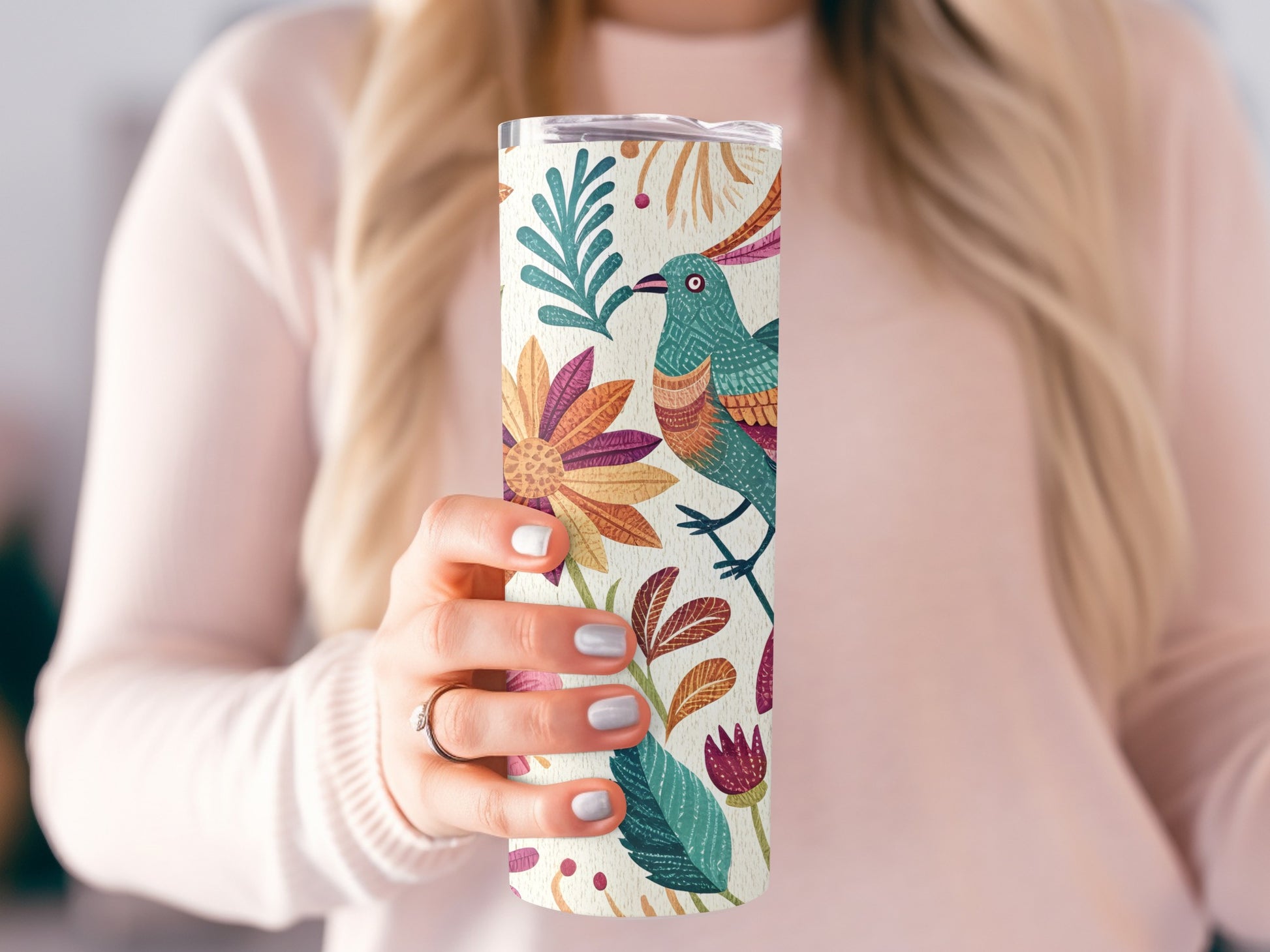 Colorful Bird and Floral Design Tumbler product type