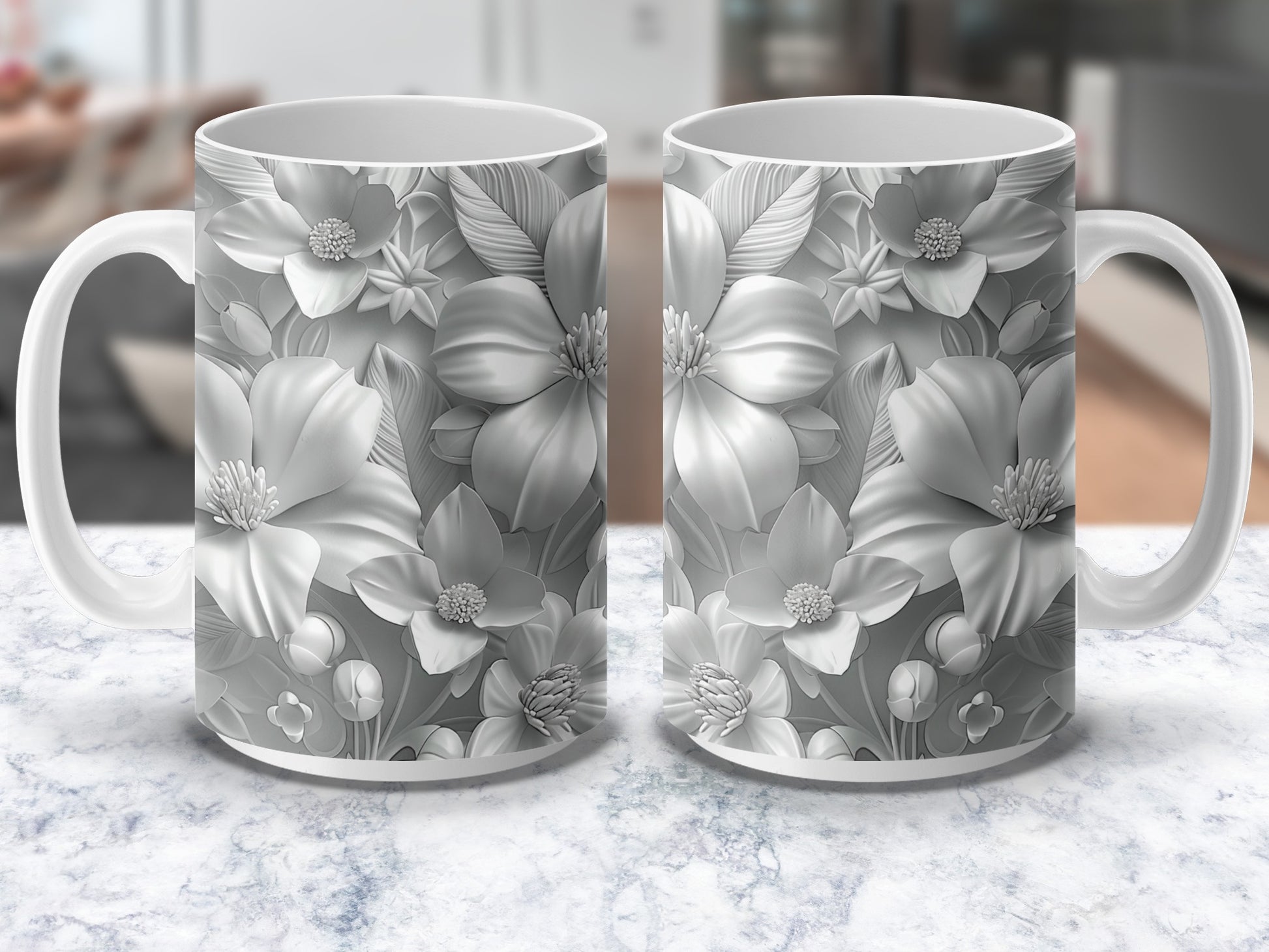 Elegant Floral Coffee Mugs, Grey and White Flower Design, Ceramic Tea Cups Set of 2