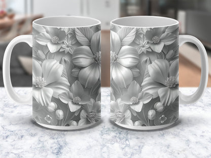 Elegant Floral Coffee Mugs, Grey and White Flower Design, Ceramic Tea Cups Set of 2