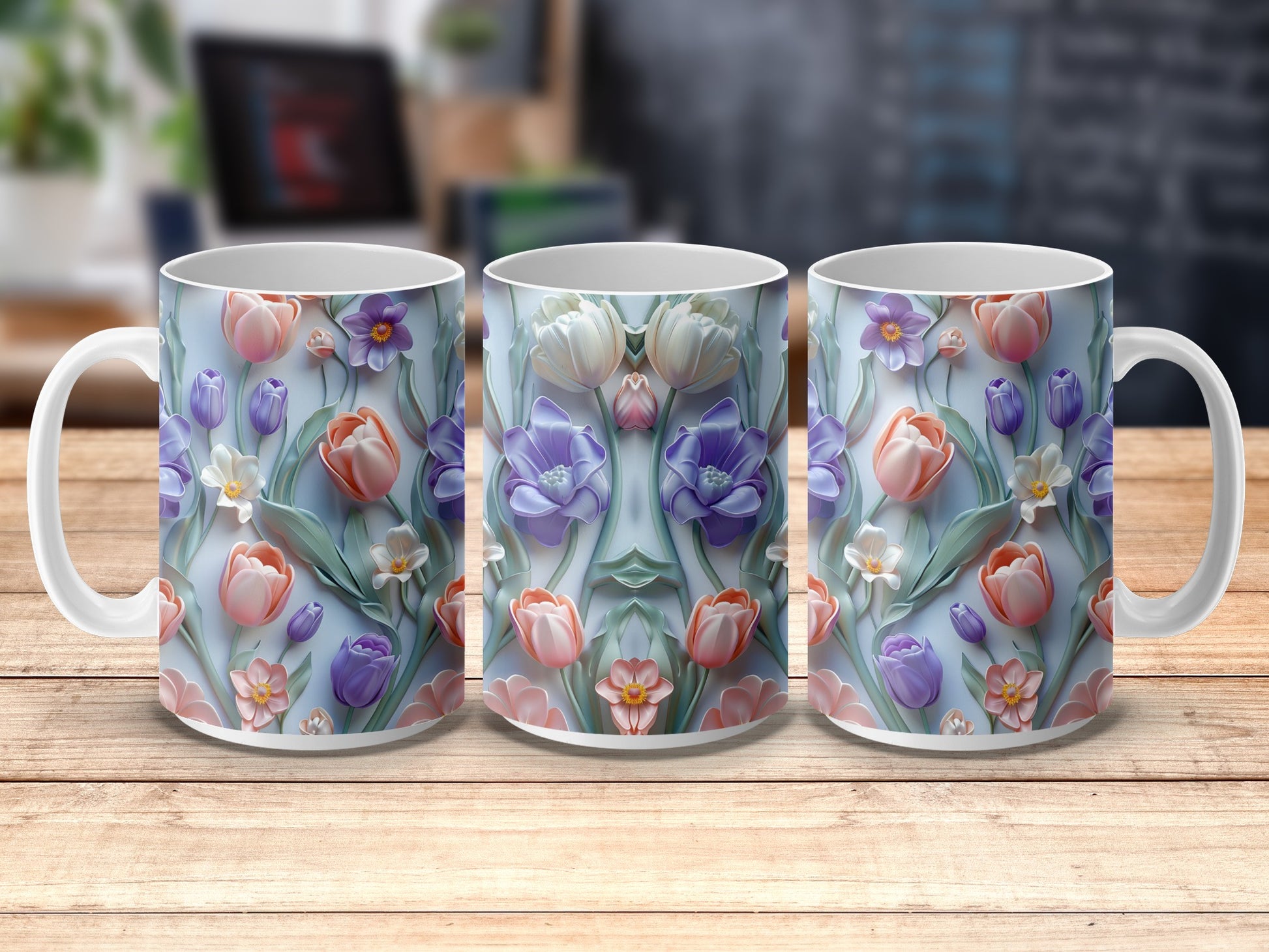 Floral Coffee Mugs Set of 3, Colorful Tulip Pattern, Spring Decor, Ceramic Tea Cups, Unique Gift Idea