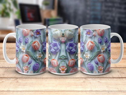 Floral Coffee Mugs Set of 3, Colorful Tulip Pattern, Spring Decor, Ceramic Tea Cups, Unique Gift Idea