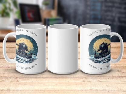 Nautical Coffee Mug Set, Conquer the Waves Design, Ocean Explorer Gift, Sailing Theme, Unique Ceramic Mugs