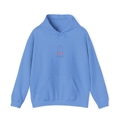 Light blue hoodie with a red low battery graphic and text.