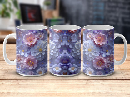 Floral Coffee Mugs, Set of 3, Purple and Blue Flowers, Ceramic Cups for Tea and Coffee, Gift Idea