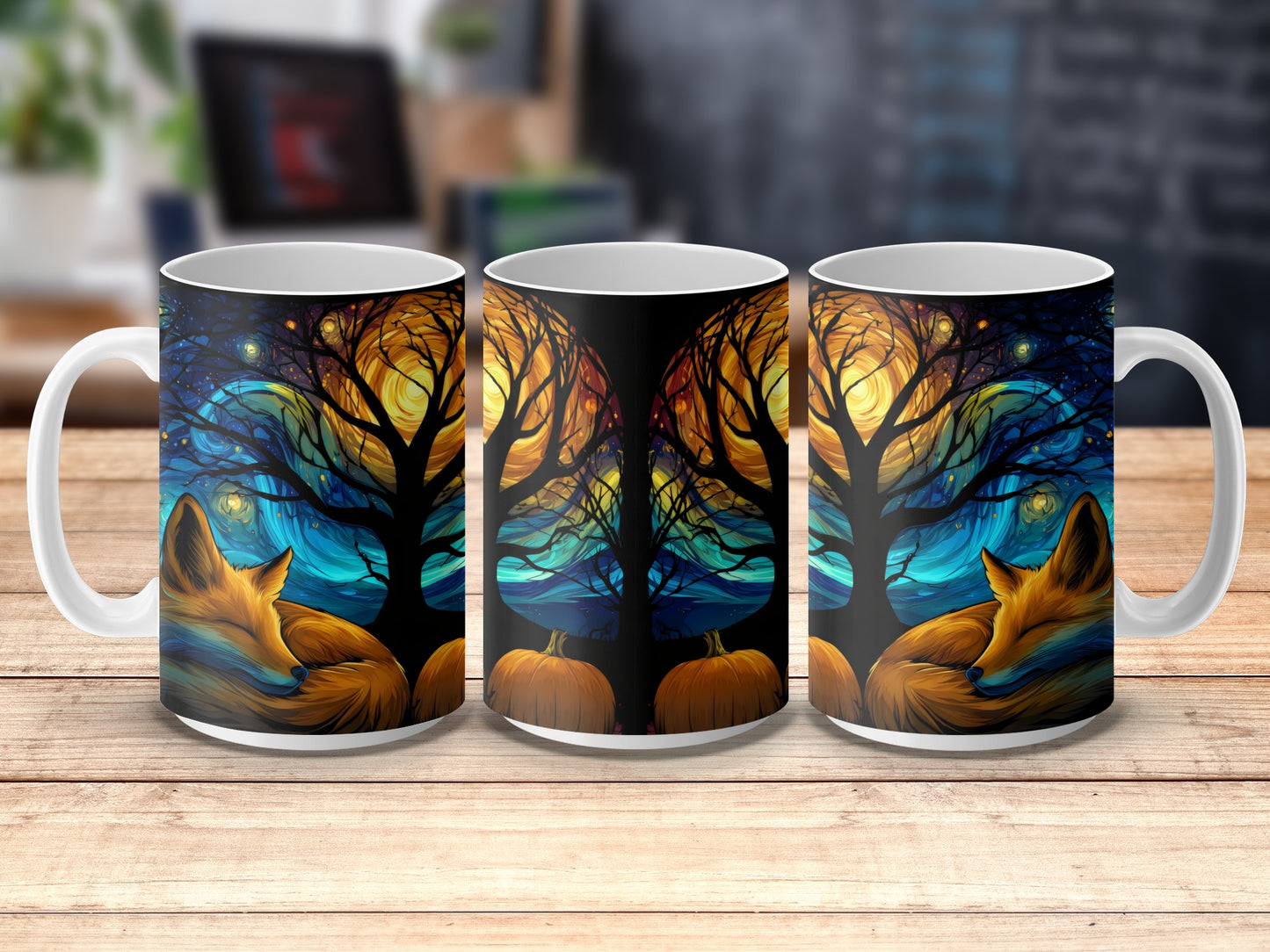 Whimsical Fox Art Coffee Mugs, Colorful Tree Nature Scene, Unique Wildlife Illustrated Cups, Set of Three