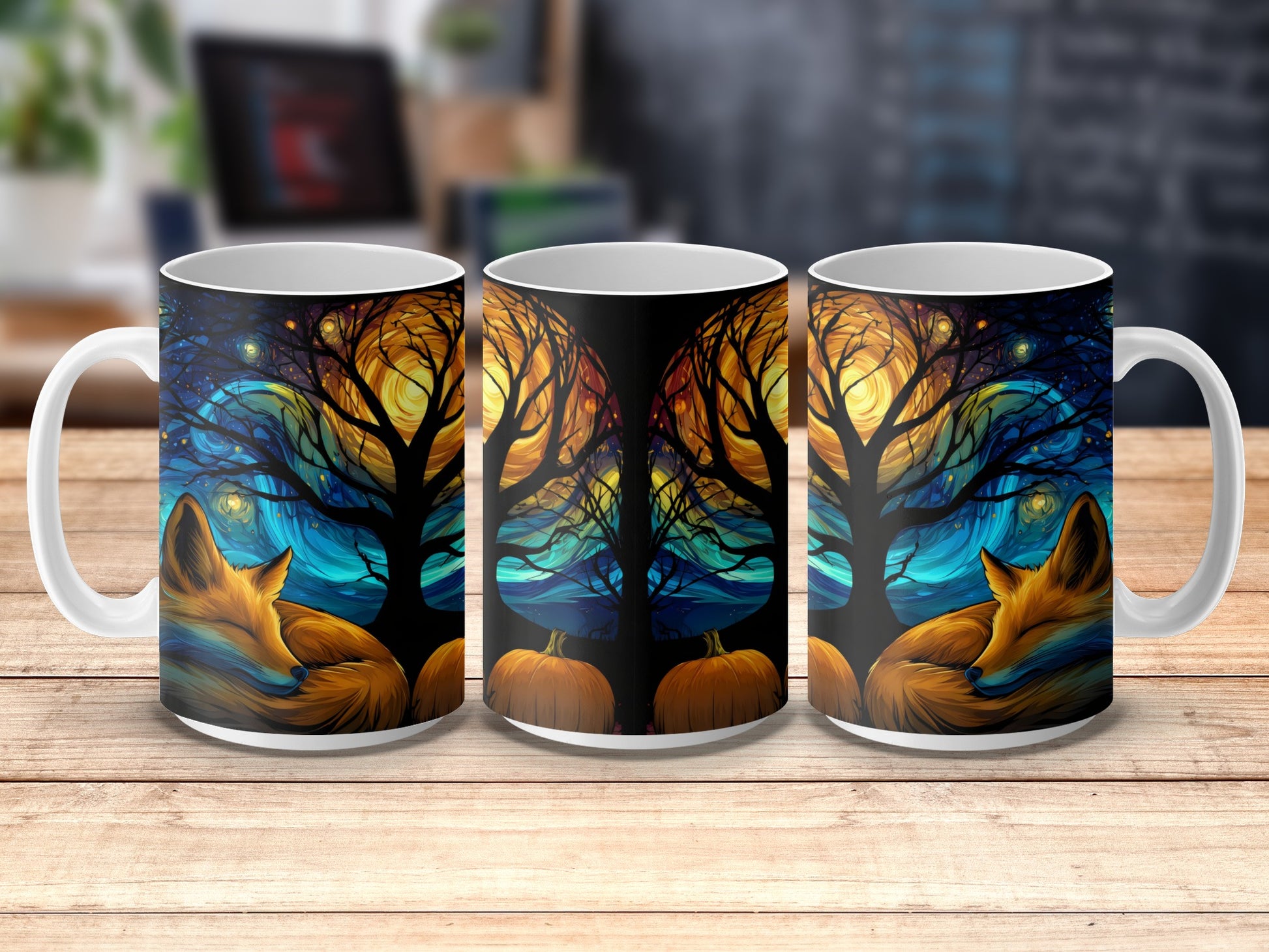 Whimsical Fox Art Coffee Mugs, Colorful Tree Nature Scene, Unique Wildlife Illustrated Cups, Set of Three