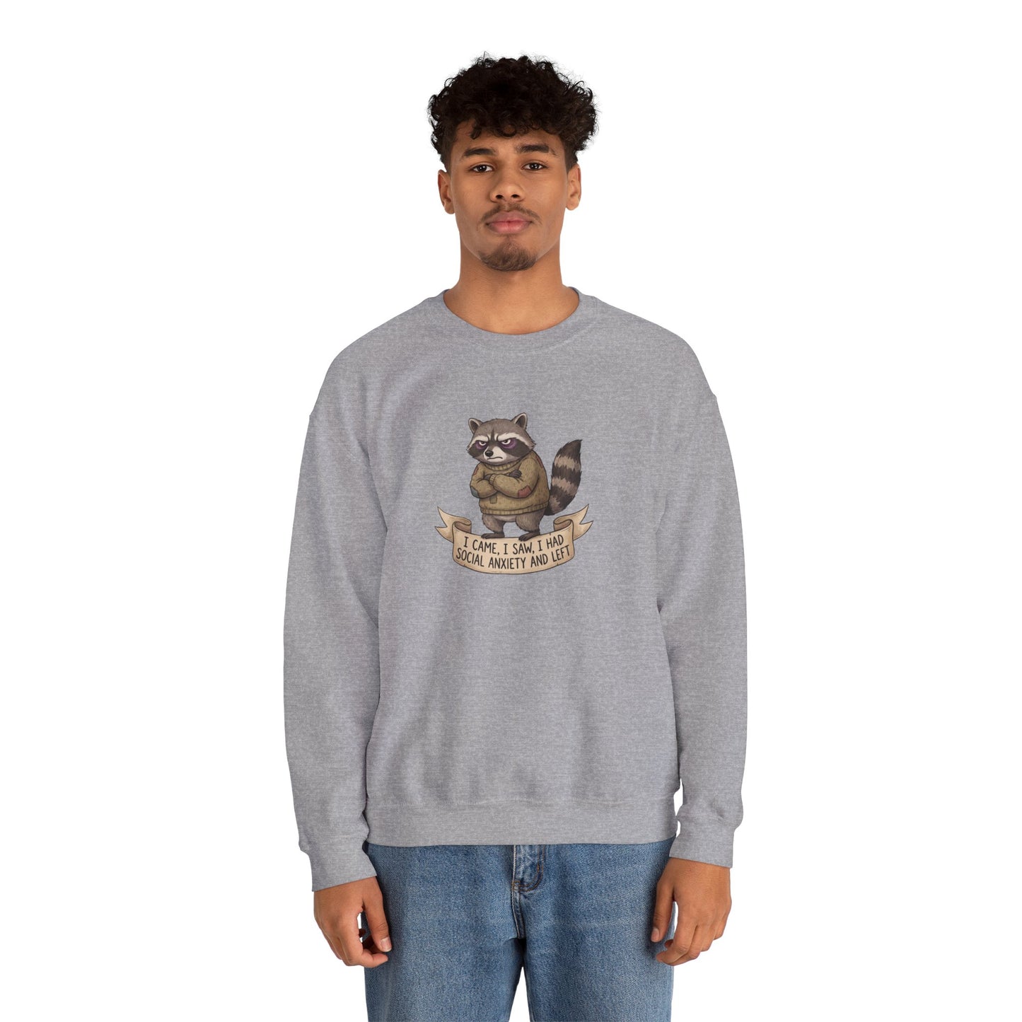 Gray sweatshirt with raccoon graphic and "I came, I saw, I had social anxiety and left" text.
