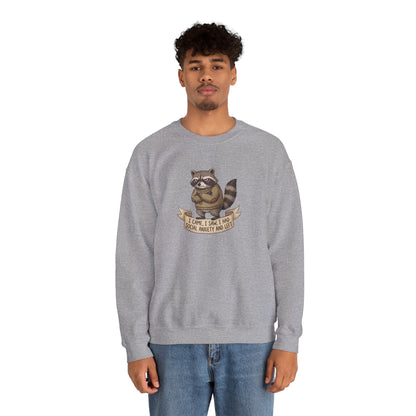 Gray sweatshirt with raccoon graphic and "I came, I saw, I had social anxiety and left" text.