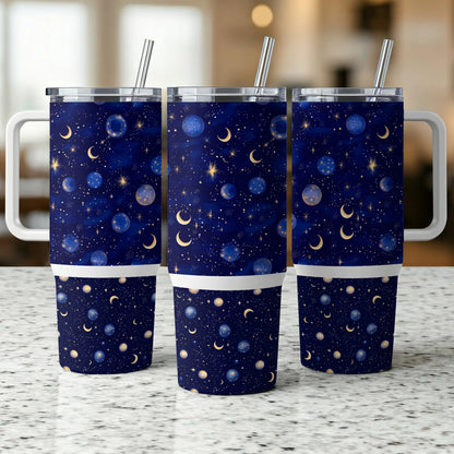 Celestial Tumbler Cups Set, Starry Night Sky Design, Insulated Drinkware with Straws, Blue and Gold