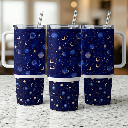 Celestial Tumbler Cups Set, Starry Night Sky Design, Insulated Drinkware with Straws, Blue and Gold