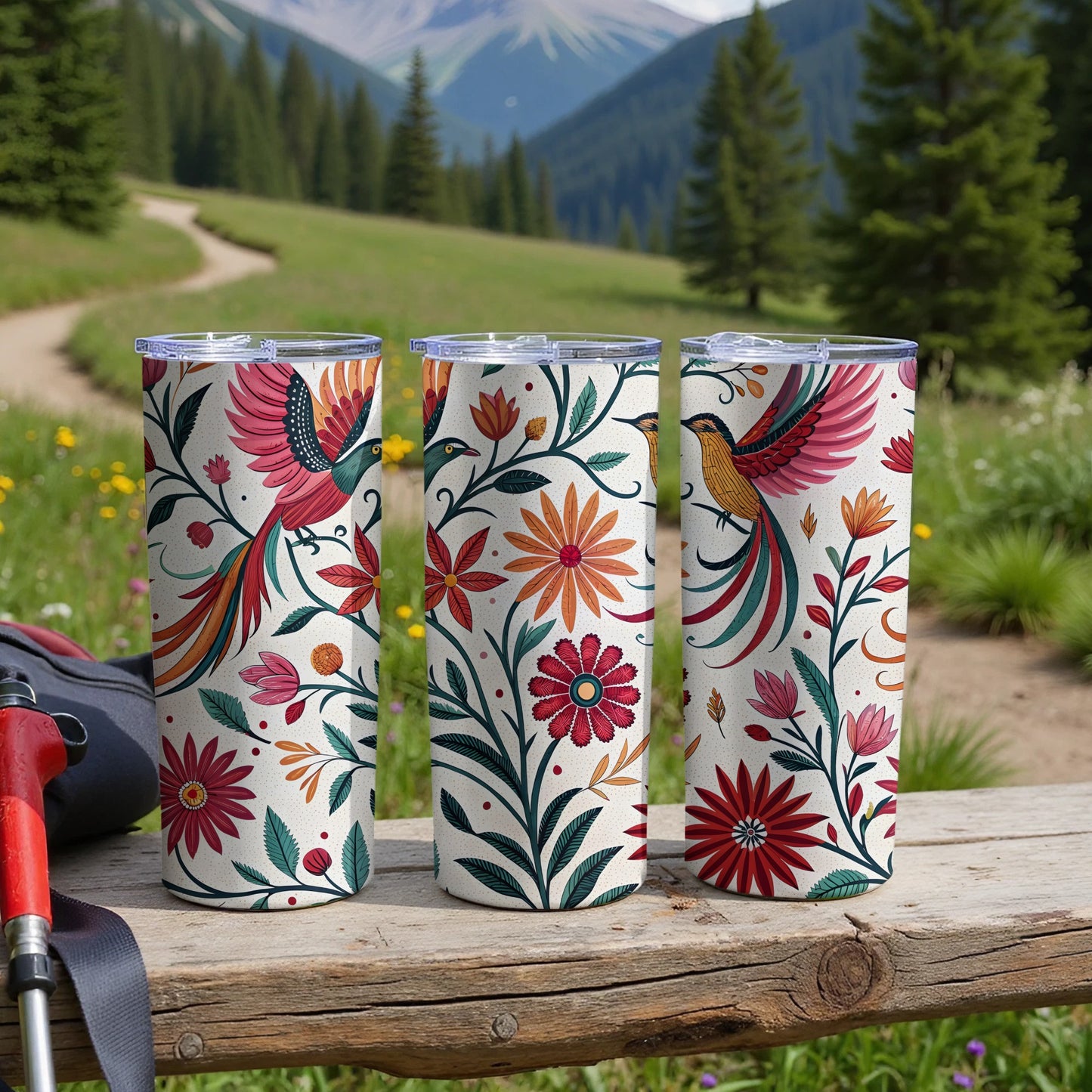 Colorful Floral and Hummingbird Design on Drinkware product
