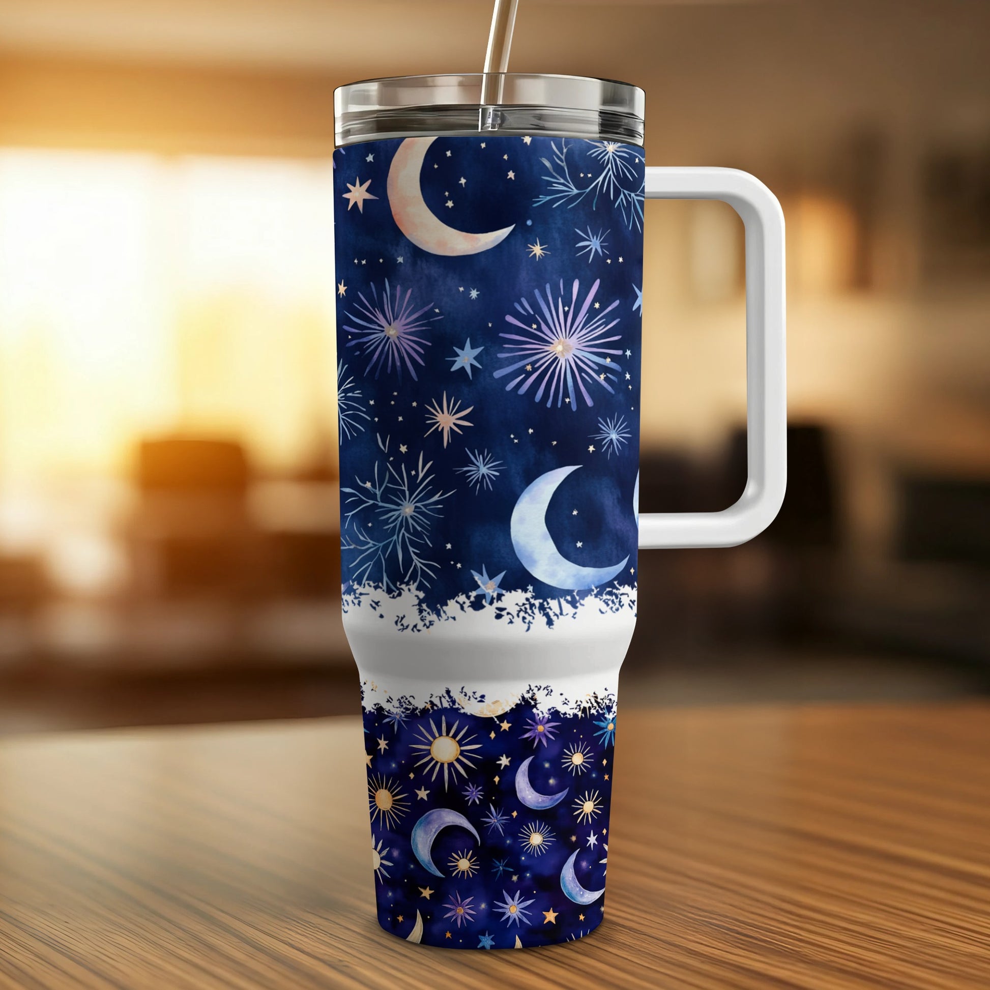 Insulated Travel Mug, Celestial Moon and Stars Design, Stainless Steel Tumbler with Lid, 20 oz